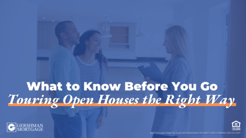 Young couple standing in a house with a real estate agent holding a clip board. Text reads: What to know before you go: touring open houses the right way